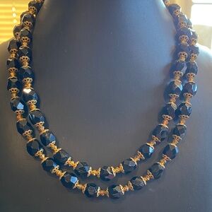Elegant Black Czech Glass and Gold Tone Filigree Beaded Necklace